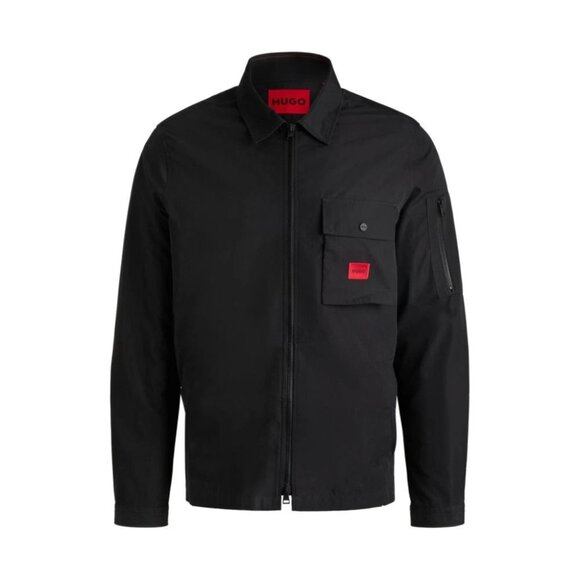 New HUGO zip-up canvas overshirt with logo label Black Size Large